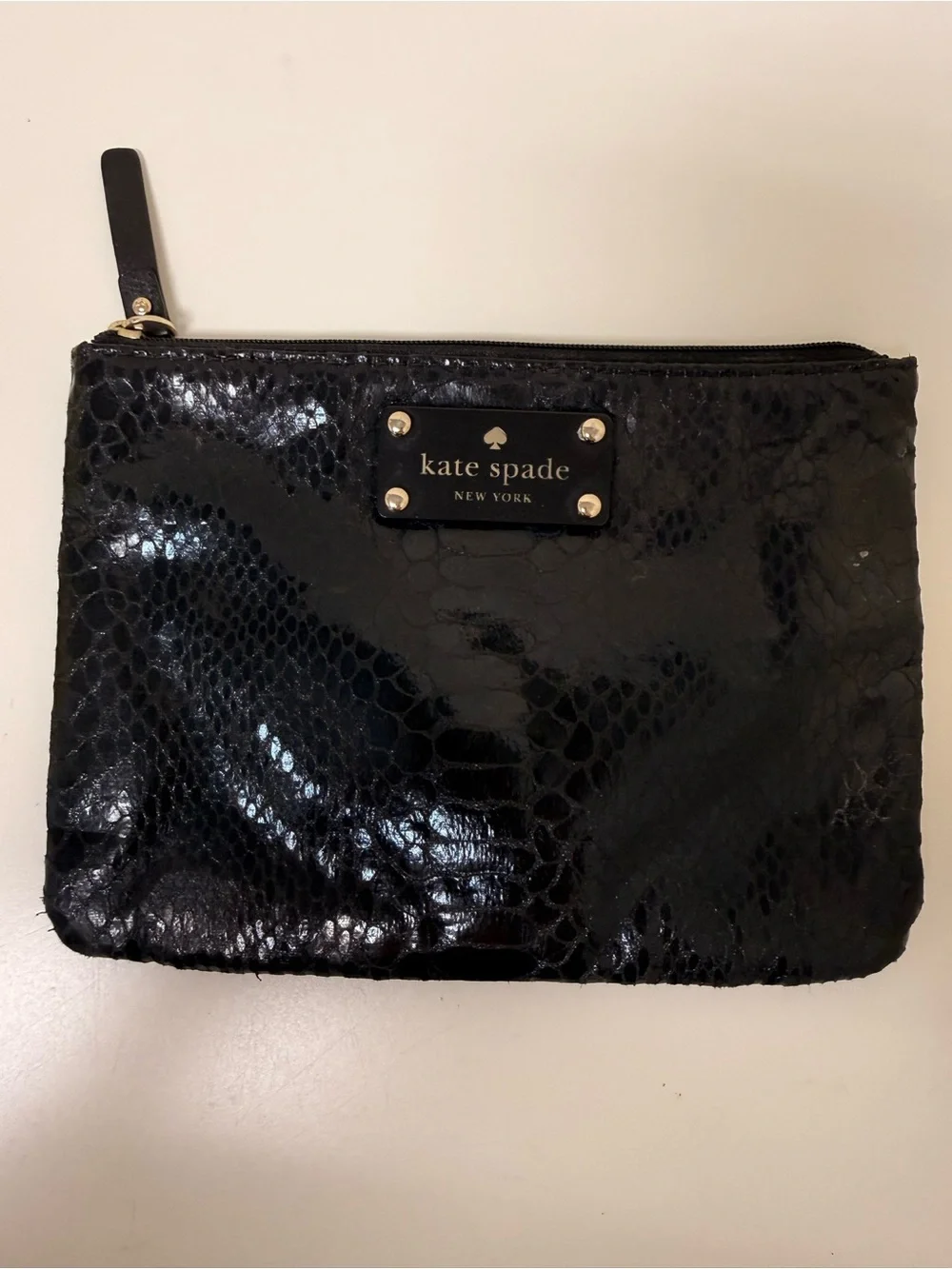 Kate Spade Black Embossed Snake-Print Cosmetic Pouch Python Skin Textured